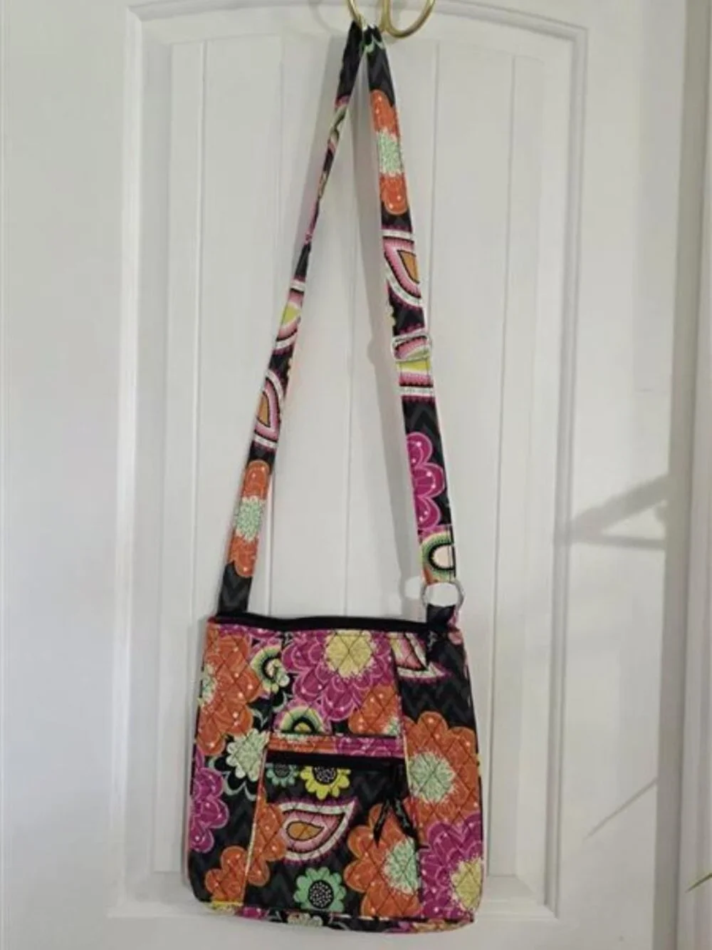 Vera Bradley Colorful Floral Quilted Crossbody Shoulder Bag Black Pink Orange